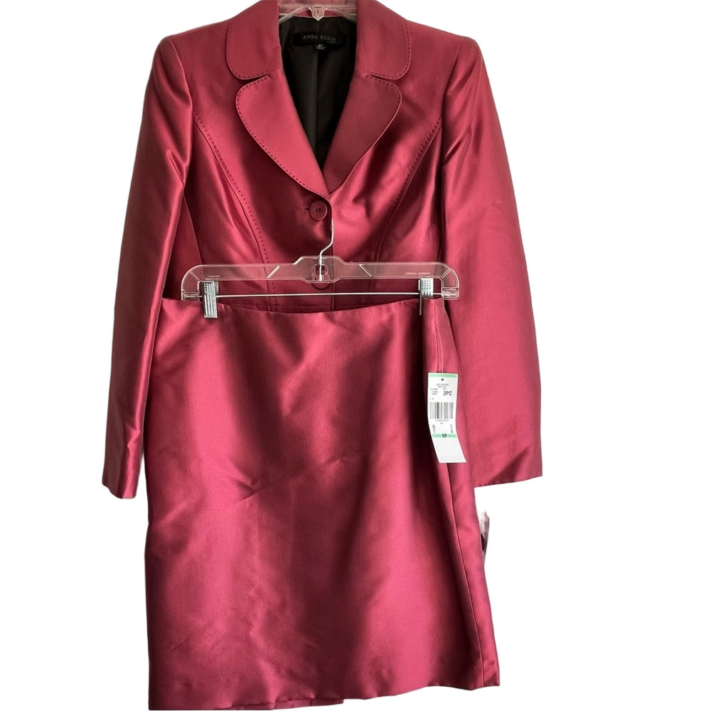 Anne Klein Suit Tea Rose Blazer Skirt Set Top Stitch Covered Buttons Size 8P - Picture 3 of 16